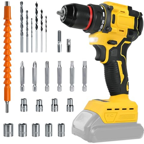 Cordless Drill Driver, Electric Drill for Dewalt 20V Battery, Brushless Driver with 2 Variable Speeds, 25+1 Torque, 3/8 Keyless Chuck, 60N.M for Home Repairing(No Battery)