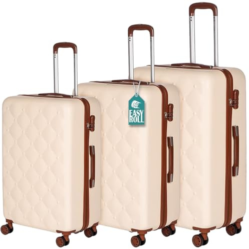 PROVITERA Set 3 Valigie Rigide in ABS, Valigia Rigida con Manico Telescopico e 4 Ruote Easy Roll, Trolley Resistente e Leggero da Viaggio, Bagaglio a Mano con Serratura Codice (Beige e Marrone)