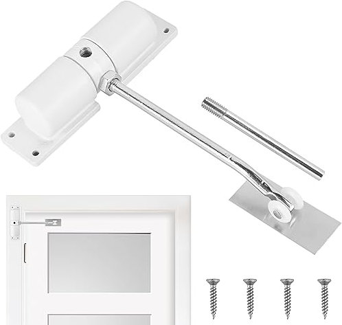 YERENCY Chiudiporta automatico con 4 viti e leva di regolazione per casa, ufficio, camera da letto, 17 cm di lunghezza, bianco, lega di zinco, zinco