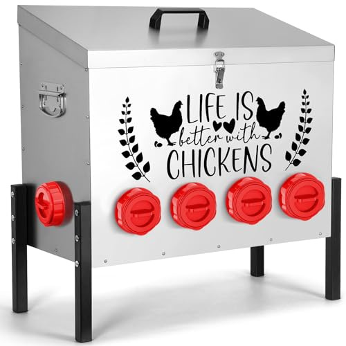 95 lb Hühnerfutterautomat mit 10 Verschwendungsfreien Anschlüssen – Extragroßer verzinkter Metall-Geflügelfutterautomat mit verstellbarer Höhe, robuster Ständer – Outdoor-Futterbox für Hühner, Enten