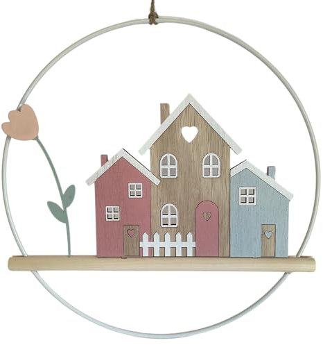 Khevga Türkranz Häuser – Fensterdeko und Türkranz ganzjährig, 30 cm Durchmesser – Charmante Türdeko aus Metall und Holz, ideal für Küche & Haustür