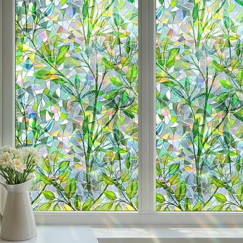 DARUITE Fensterfolie Bunt Fensterfolie Blickdicht mit Grünem Blättermuster Elektrostatische Nicht Klebende UV-beständige Sichtschutzfolie Fenster Für Home, Office 60 x 200cm