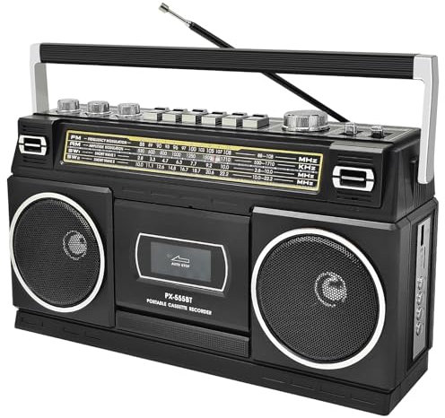 Cassette Player with Bluetooth & AM/FM/SW Radio | Portable Boombox Stereo Sound, Tape Recorder, 8W Dual Speakers, USB/TF Playback, Mains/Battery Power | Supports Earphones