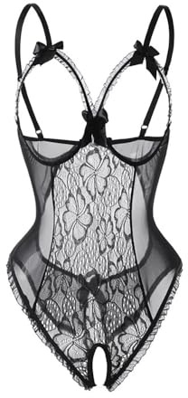 GIVTULIP Women Sexy 3 Pieces Lace Lingerie Mesh Babydoll Transparent Bodysuit V Neck Leotard Hollow Out Bodycon Summer Nightdress See Through Backless Underwear Nightwear with Silicone Nipple Covers