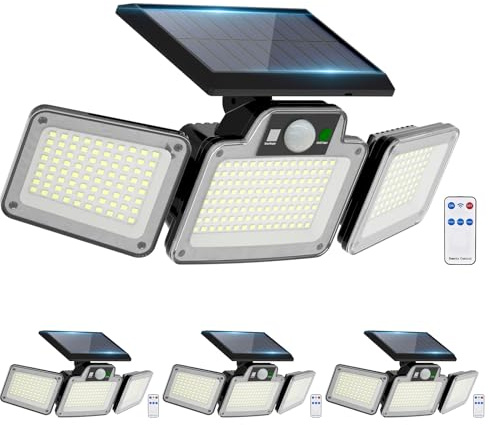 JumJam Solar Flood Light, Motion Sensor Security Light for Garden, 4 Pack | 280 LED, 3 Adjustable Heads Motion Sensor Light, Waterproof Wireless Solar Lights Outdoor Garden for Garage Driveway Patio