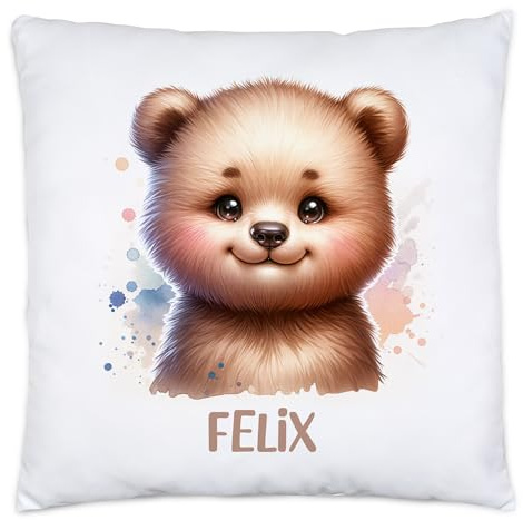 Kissen mit Waschbär für Kinder mit Namen Personalisiert | Kinderkissen mit Wunschname Kuschelkissen Waschbär-Motiv | Geschenk Mädchen Junge | Kinderzimmer Deko Dekokissen 40x40cm inkl. Füllung