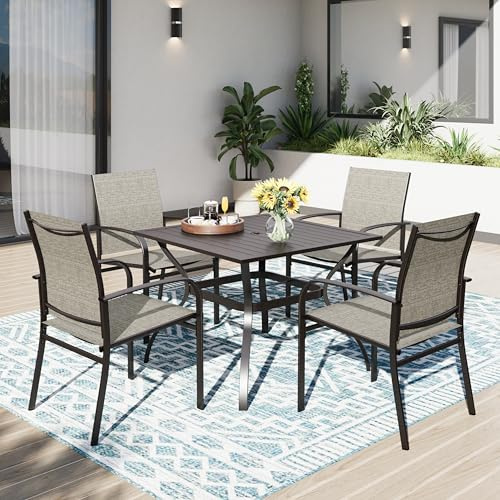 PHI VILLA Gartentisch mit 4 Stühlen Gartenmöbel Set Braun Textilene Stühle | Rostbeständig E-beschichtet Quadratischem Tisch und 4 Stühle, Wetterfest, für Balkon, Terrasse und Garten