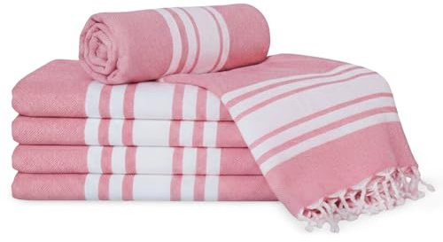Occosa Turkish Cotton Beach Towel Pack of 6 & 1 Boho Tote Bag - Hammam Towels - No Shrink - Quick Dry - Lightweight - Sand Free - Camping - Pool - Tanning - Beach Essentials - Coral (40x70)