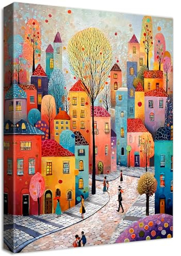 Wooden Framed Canvas Wall Art Colourful Town Painting on Canvas Prints Poster Artwork Fantasy House Trees Pictures for Living Room Bedroom Bathroom Dining Room Hallway Wall Decoration 30x40cm