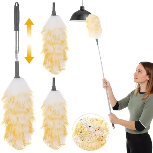 Staubwedel Lang Ausziehbar, Staubwedel Waschbar mit 3 austauschbaren Bezügen, bis zu 135 cm ausziehbar, flauschig, Kratzfest, elektrostatischer für Deckenventilatoren, Lampen, hohe Möbel und e