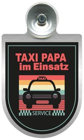 Taxi Papa im Einsatz - Auto-Schild aus Aluminium - Schwarz - Rot - 10 x 16 cm - mit Saugnapf Befestigung für Windschutzscheibe - Familien-Taxi - Hinweisschild für Kinder Transport - Geschenk für Väter