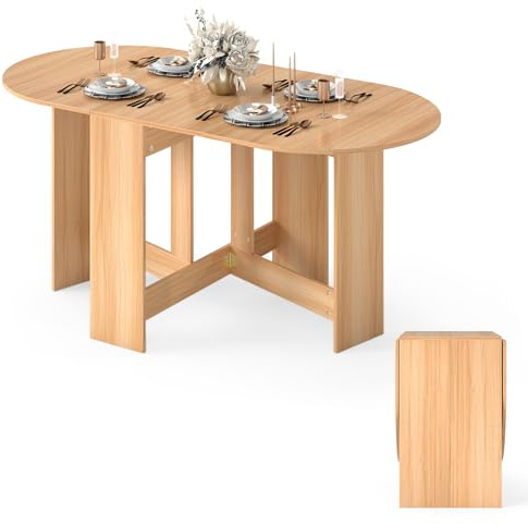 GIANTEX Esstisch klappbar, Klapptisch Küchentisch aus Holz, Esszimmertisch für 4-7 Personen, Funktionstisch Wohnzimmer Esstisch, Ovaler Küchentisch platzsparend flatbar, 163 x 80 x 75 cm (Natur)