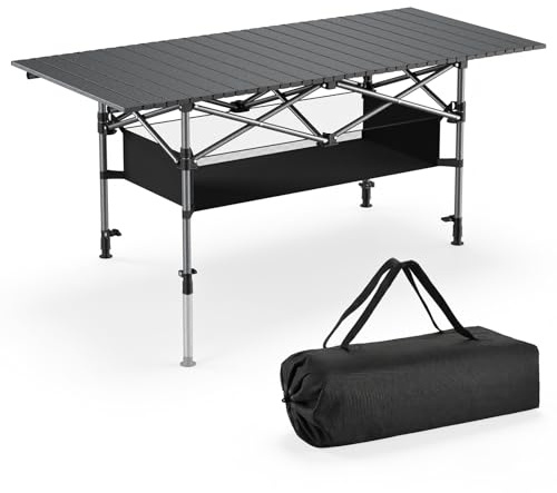 Yigowyigo Campingtisch Klappbar 120x55x55cm Klapptisch Höhenverstellbar, Aluminium Tischplatte Aufrollbar, bis 80kg inkl. Camping Falttisch mit Trageband & Netztasche für Picknick Garten - Schwarz