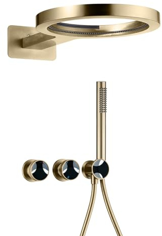 Billg Set Doccia Incasso, Miscelatore Doccia da Incasso, Soffione Doccia Ad Anello a Doppia Funzione, Doccetta Manuale, Tubo Flessibile in PVC da 1,5 Metri, Corpo in Ottone, Oro Spazzolato.
