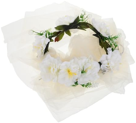 GLEAVI Bandeau Fleuri en Rotin Synthétique Blanc Pur, Couronne de Fleurs Bohème pour Mariée, Accessoire Plage Romantique et Cérémonie, Voile de Mariée Léger et Confortable, Photo