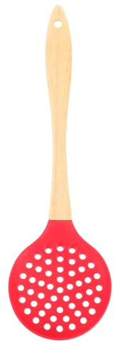 NUOBESTY Espumadera de Silicona Roja Mango Ergonómico de Madera, Resistente al Calor, Colador Ranurado para Aceite y Agua, Utensilio de Cocina para Hogar, Restaurante y Estilo Aleatorio