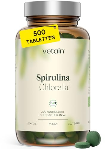 VETAIN Bio Spirulina & Chlorella Presslinge – 500 Tabletten – Hochdosiert: 4.800 mg pro Tag – Vorrat über 40 Tage – Vegan & ohne Zusätze – produziert & laborgeprüft in Deutschland