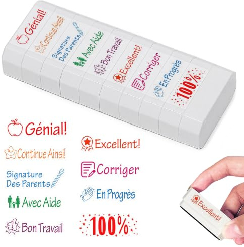 Lot de 9 Tampon Encreur Enseignant Français, Motifs Adorables | Messages Motivants, Tampons de Récompense & d’Évaluation pour Enfants, Idée Cadeau pour Professeurs & Maternelle