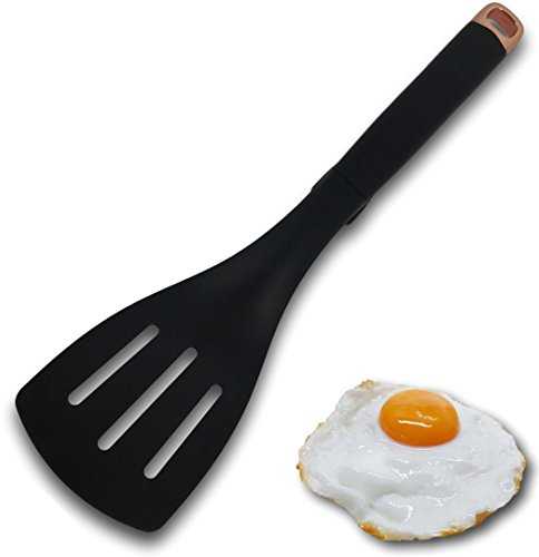 Nonstick Slotted Spatula Turner Utensil - Hardwearing Black Nylon, Rose Gold Handle Hanger. Heat Resistant to 210°C. Unique Integrated Tool Rest for Extra Hygien. by Taylors Eye Witness