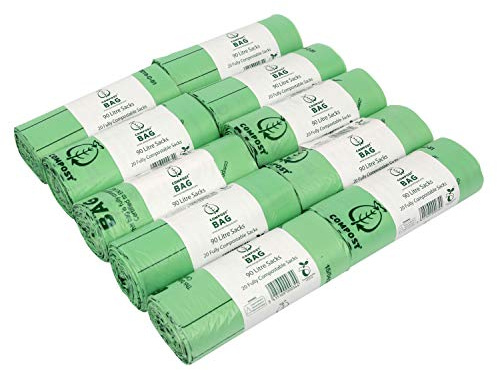 90L x 200 Compostable Compost Bag Food Waste Sacks - Commercial size - 90 Litre Food Waste Bin Liners - EN 13432 - with Composting Guide