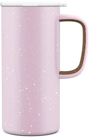 Ello Campy 18oz Stainless Steel Travel Mug with Handle and Leak Proof Lid | Vacuum Insulated Coffee Cup for Hot or Cold Drinks | Reusable, BPA Free | Gift for Coffee Lovers, Pink Satin