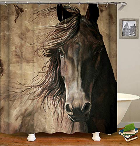 FANSU Duschvorhang Wasserdicht Anti-Schimmel Anti-Bakteriell, 3D Drucken 100% Polyester Bad Vorhang für Badzimmer mit C-Form Kunststoff Haken (Pferd,90x180cm)