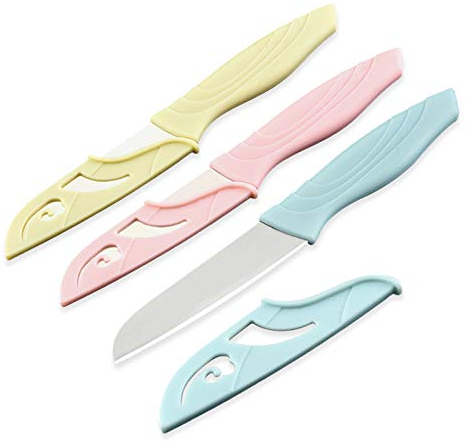 Fruit Knife, 3 New Sharp and Durable Small Kitchen Knife, Comfortable Non-Slip Handle, with Breathable Protective Cover, Suitable for Most Types of Vegetables and Fruits (Pink, Blue, Yellow)