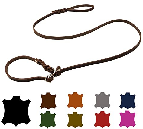 Hundeleine Fettleder Agility/Retrieverleine mit Zugstopp/Moxonleine für kleine Hunde/große Hunde (2,00m X 12mm, Braun)
