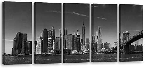 Feeby 5-teilig Vlies Leinwandbild 200x80 cm Wolkenkratzer Manhattan New York City Wand Bild Kunstdruck Deko Wohnzimmer Wohnungs Deko Abstraktion USA Amerika Skyline schwarz-weiß