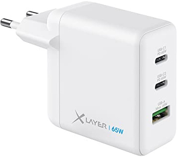 XLayer Powercharger USB-C Schnellladegerät I 65W PD I GaN Charger I 3-Port kompatibel mit MacBook Pro/Air, iPhone 16 15 Pro Max/15/14 Pro Max/14/13, iPad Pro, Galaxy S23 Ultra/S22, Lenovo, weiß