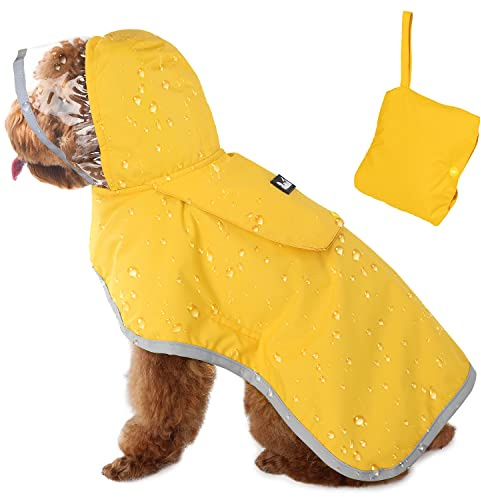 SlowTon Regenmantel Hund wasserdicht, durchsichtige doppellagige Regenjacke Hund mit Kapuze für kleine, mittlere und große Hunde, Hunderegenmantel mit reflektierendem Streifen und Aufbewahrungstasche