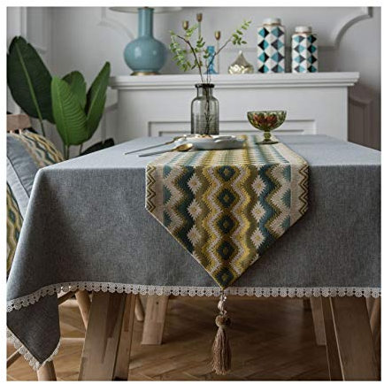 Lieson Tischläufer Dekostoff, Polyester Tischläufer Abwaschbar Couchtisch Tischläufer Weihnachten Jacquard Welle Grün Blau 32x180CM