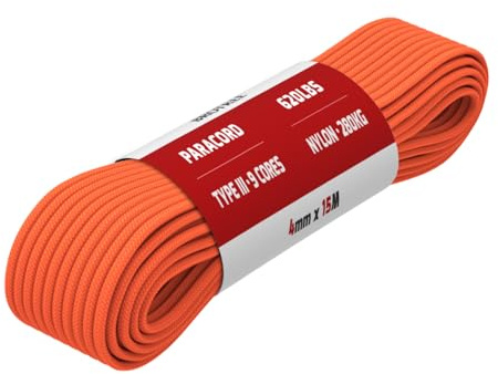 Brotree Paracord 4mm 15M 100% Nylonrep 9 Trådar Sladd Typ III Nylonsnöre för Utomhus, Camping, Hundkoppel, DIY, Armband - 280kg Brottlast (Orange)