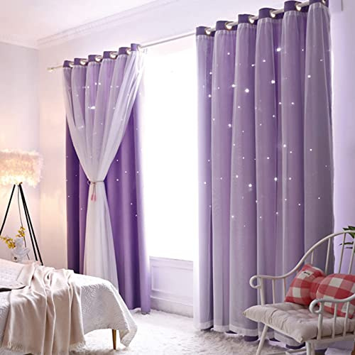 iyoimono 2er Set Vorhänge Sternen Mädchen Verdunkelung Voile Gardinen mit Ösen Lila Vorhänge Farbverlauf Blickdicht für Kinderzimmer Schlafzimmer Wohnzimmer 243 × 132cm (H × B)