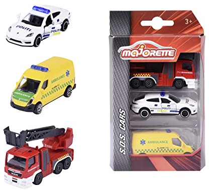 Majorette 212057261IM1 3-Pack Dänische Rettungsfahrzeuge 3-Pack Dänische Rettungsfahrzeuge mit Polizeiwagen, Krankenwagen und Feuerwehrauto aus Metall, 7,5 cm, Ab 3 Jahren