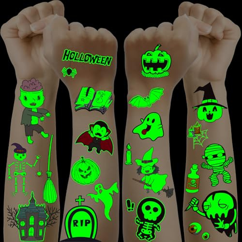 Lot de 24 feuilles de tatouages d'Halloween pour enfants - Lumineux - Autocollants pour Halloween - Décoration pour fête d'enfant - Petit cadeau d'Halloween - Cadeaux de fête