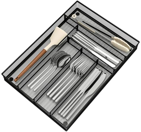 Sedegn Silverware Organizer Metal Mesh, Large Drawer Organizer, Utensil Cutlery Tray for kitchen drawers, Flatware Organizer with 6 Compartment, Black (11.3”*16“)
