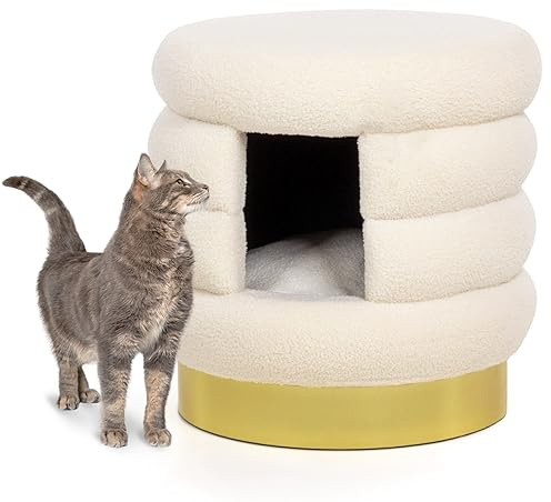 CanadianCat Company | Katzenbett Choupette - Design-Katzenhöhle | Teddy weiß-Gold | ca. 58 x 58 x 59 cm