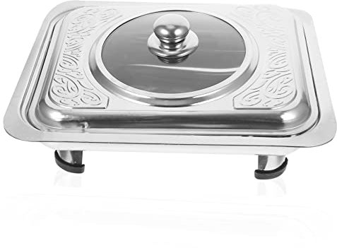 HOMSFOU Elegant Rectangular Dinner Plate Stainless Steel Buffet Food Plate with Cover for Buffet