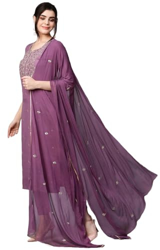 GoSriKi Women's Rayon Blend Embroidered Straight Kurta with Pant & Dupatta, Purple, L