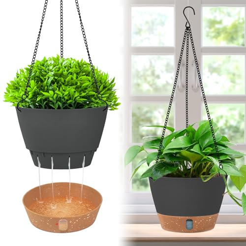 Evoio 20cm Hanging Planters Set of 2 Dark Grey Self Watering with Visible Water Level Tray Drainage Holes Indoor/Outdoor Plants