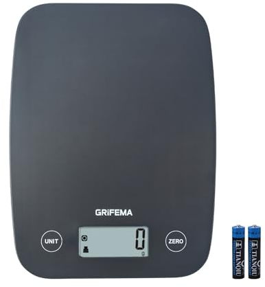 GRIFEMA GA2004, Báscula de Cocina con Pantalla LCD, Balanza de Alimentos Multifuncional 5 kg (1g Exacto) para Hornear y Cocinar, 2 Baterías Incluidas