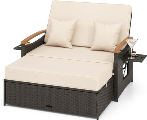 Multigot Double Rattan Daybed, 2 Seater Wicker Relaxing Chair Bed with 4-Level Adjustable Backrest, Retractable Tray, Storage Ottoman and Cushions, Outdoor Garden Chaise Lounger for Backyard (Beige)