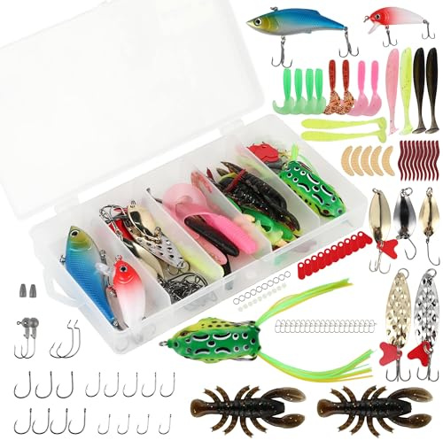 Angelköder Set mit Angelbox, 107PCS Angelzubehör Set einschließlich Spinner, VIB, Gummifische für Hecht, Zander, Forelle, Barsch, Köderbox Angeln Angel Köder für Süßwasser Salzwasser
