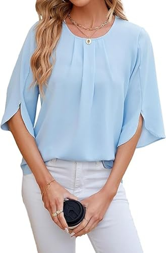 Haibang Damskjorta elegant 3/4 ärm chiffong blus rundhalsad tunika skjorta plisserad sommarblus kortärmad ledig ren färg T-shirt toppar, Ljusblå, S
