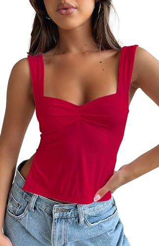 FOFAINWE Ärmlös rygglös crop tanktopp sexig plissé bustier sweetheart neck strappy Y2K slitsar cropped toppar, röd, L