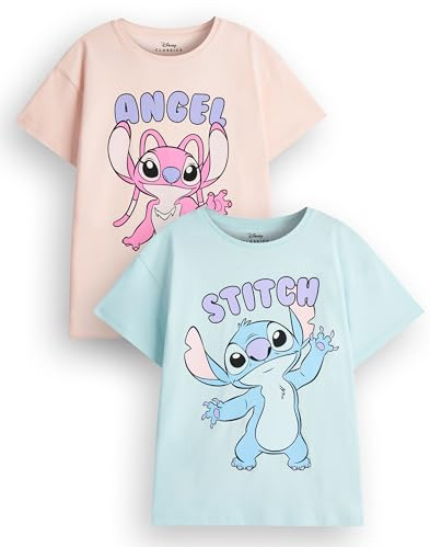 Disney Lilo & Stitch Filles T-Shirt Pack de 2 | Ensemble de Deux t-Shirts Graphiques à Manches Courtes Bleu Clair et Rose pour Enfants | Stitch & Angel Alien Ensemble de vêtements Mignons
