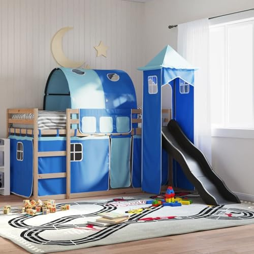 Gecheer Struttura,Letto,a Soppalco,Castello,per Bambini,in Legno di Pino,Naturale,con Scivolo,Tunnele e Tende,Blu,90x200 cm,Letto per Bambini,Letto per Cameretta,Letto con Scivolo