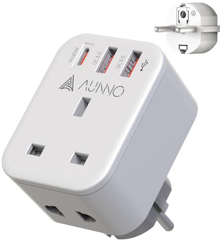 AUNNO UK to European Plug Adapter, PD 20W Fast Charging Grounded European Adapter with Shaver Plug, Adapter with 2 USB Ports and 1 USB-C Port for Germany France Spain Greece Poland etc (Type E/F)