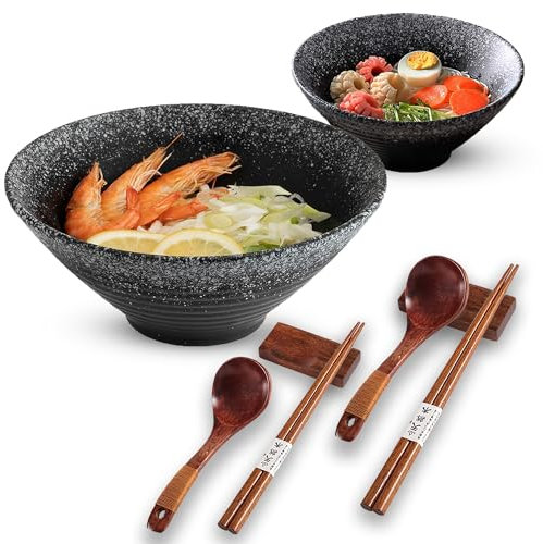 Annie's Cocina Porcelain Ramen Bowl Set of 2-1000ml 34-Oz with Wooden Chopsticks, Spoons & Rests-Japanese Large Ramen Bowl for Soup Salad Pho Cereal Pasta-Microwave & Dishwasher Safe-Gift Collection